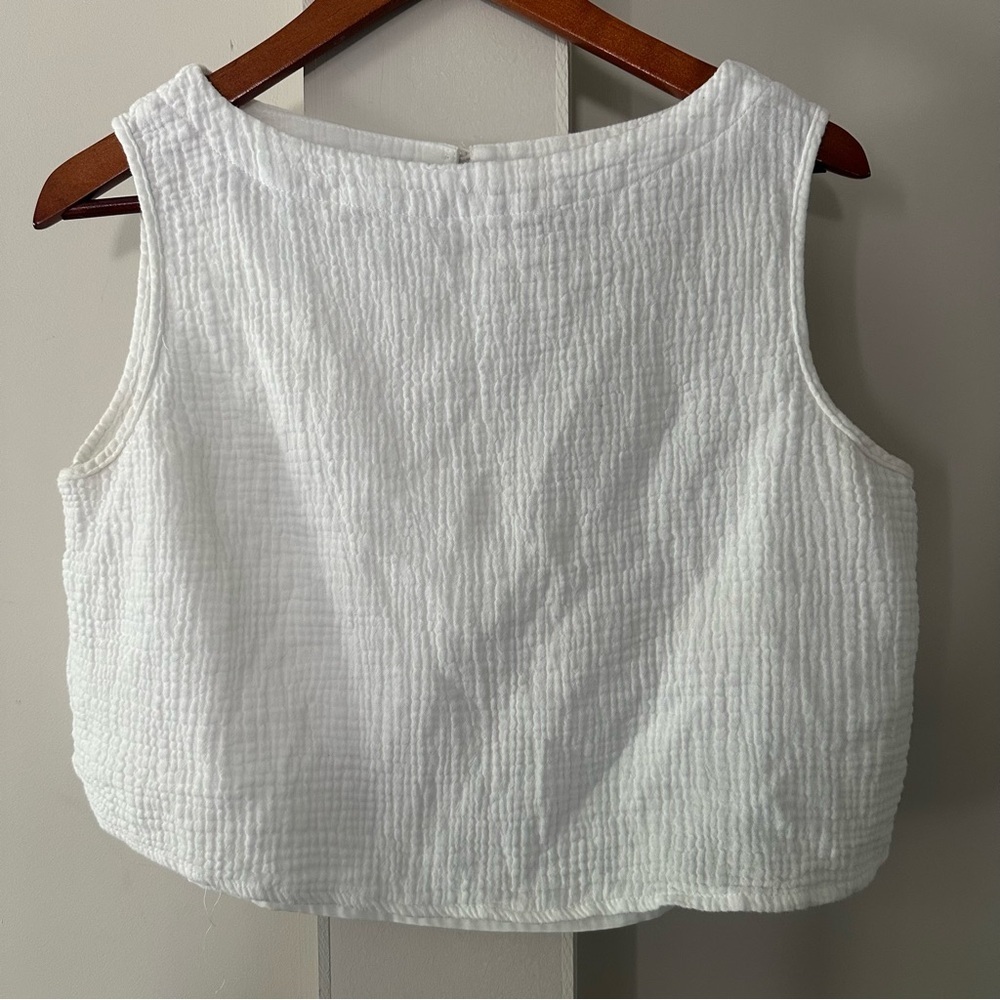 Emery Rose white cropped crinkled cotton boat neck sleeveless blouse l sz Large